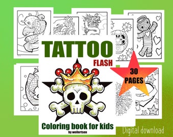 Tattoo Coloring pages for kids, traditional tattoo flash book, printable tattoo pages for girls and boys, tattoo flash art coloring sheets