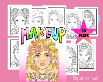 Makeup coloring page digital download for kids, hairstyle coloring pages, nail coloring page, hair and makeup pdf, faces to colour,for girls