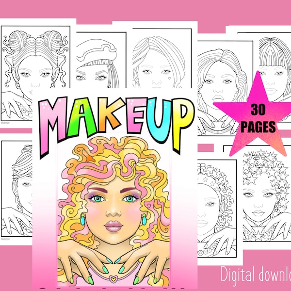 Makeup coloring page digital download for kids, hairstyle coloring pages, nail coloring page, hair and makeup pdf, faces to colour,for girls