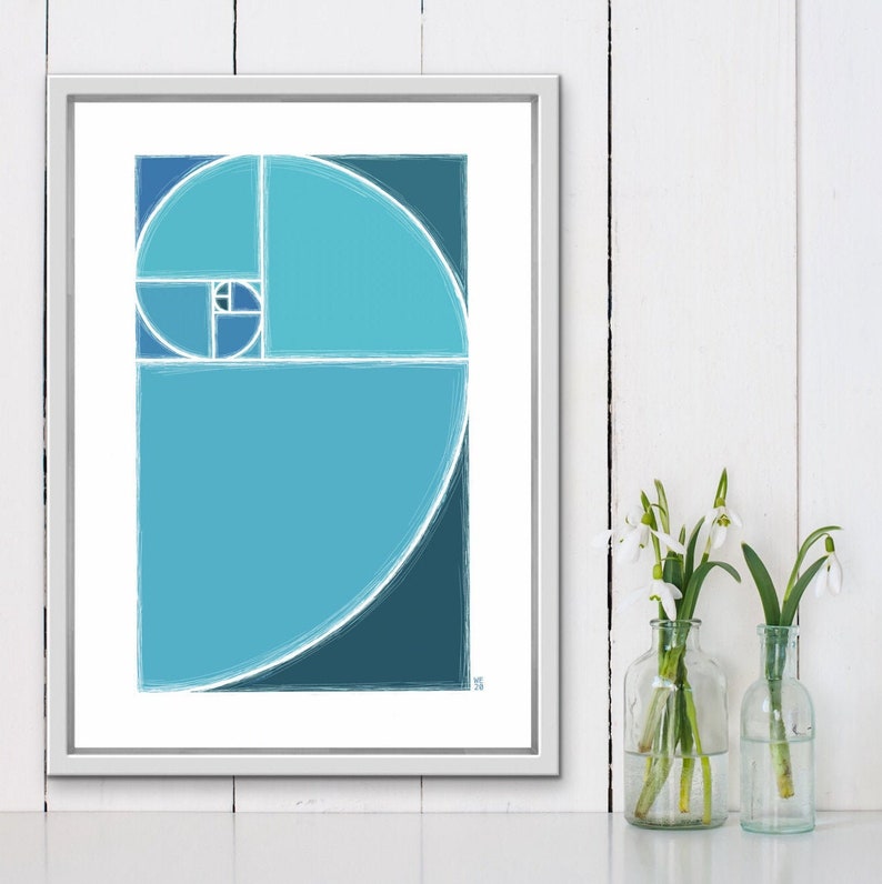 Golden ratio, Fibonacci spiral, blue aesthetic, printable wall art, mathematics poster, math teacher gift, science poster, spiral wall art image 1