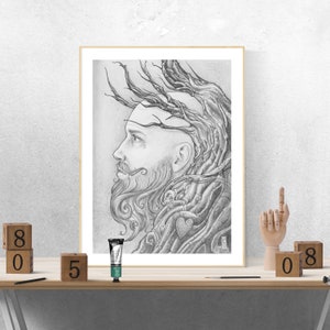 May include: A black and white pencil drawing of a man's face with a tree growing out of his head. The drawing is framed and hanging on a wall.