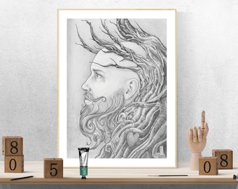 yggdrasil odin wall art,  A3, A4, A5, Instant downloadable wall art, viking wall art, black and grey art, artist pencil drawing, portrait