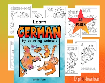 Learn german by coloring animals for bilingual kids, german teacher printable pdf, preschool montessori language learning deutsche kinder