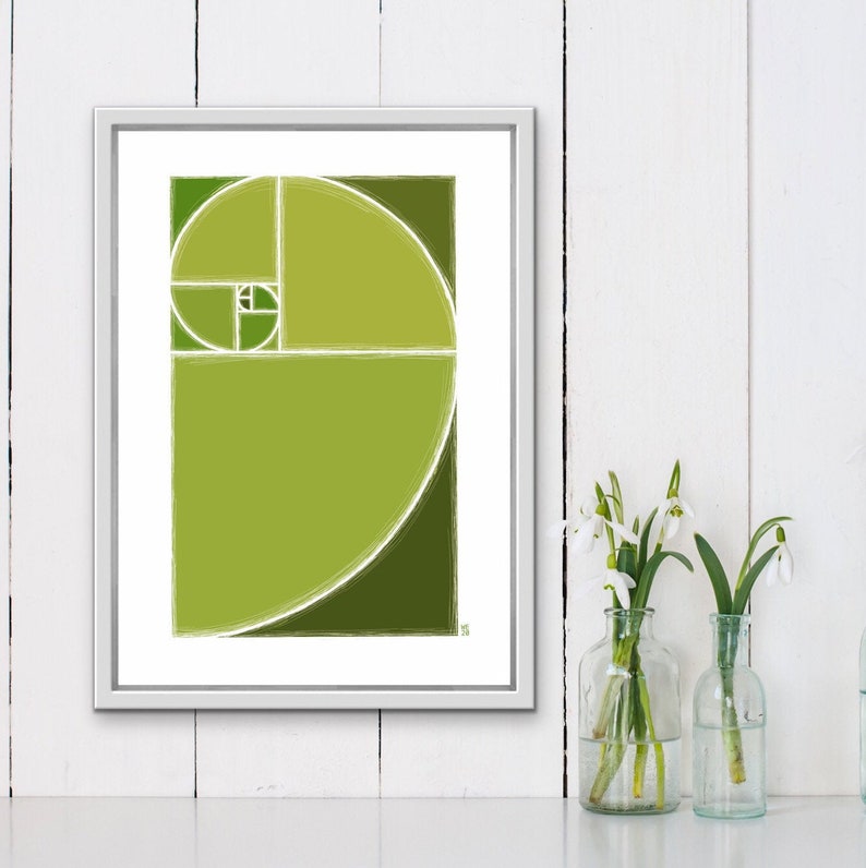 Golden ratio, Fibonacci spiral, green aesthetic, printable wall art, mathematics poster, math teacher gift, science poster, spiral wall art image 1