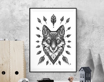 grey fox print, black and white art, wildlife art, modern wall art, aesthetic print, printable wall art
