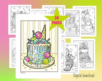 Coloring pages cakes and cupcakes, printable coloring book for adults, digital download bundle of 30 pages. Bakery coloring book