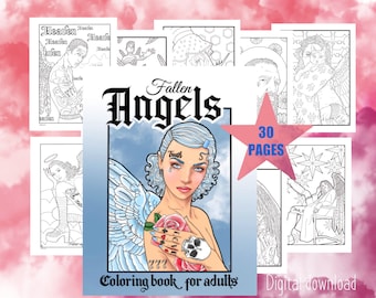 Fallen angels coloring pages for adults, printable digital download book,  women men wings, sinful, tattooed, tattoo dystopian beautiful ink