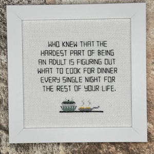 Humorous Kitchen Cross Stitch: "What's for Dinner?" Handmade Framed Art