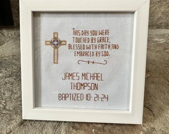 Baptismal Gift, Personalized and Dated, Gift for Baby, Gift from Godparent, Christening Gift, Handstitched, Cross Stitch Completed.