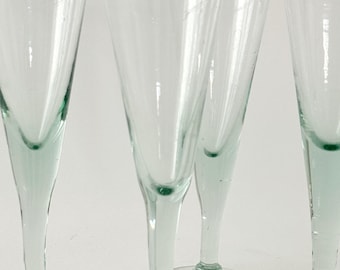 Vintage Hand Blown Champagne Flutes Set of 4 | Aqua Green Recycled Glass Toasting Glasses | Artisan Stemware | Coastal Barware