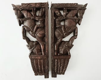 Vintage Hand-Carved Wooden Corbels | Horse & Rider Architectural Brackets | Pair of Indian Folk Art Wall Sculptures