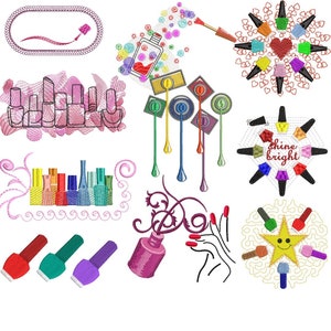 Set of 10 Manicure and Nail Polish Embroidery Designs, digital instant download, Perfect to embroider as gift for daughters, mothers, ladies