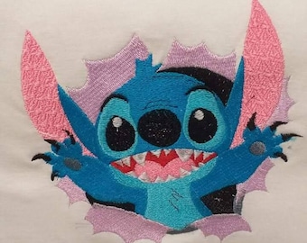 Stitch monster popping out of the scene / embroidery machine design