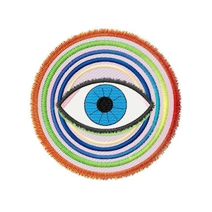 May include: A blue eye with a black pupil surrounded by concentric circles of rainbow colors. The eye is set against a white background.