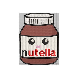 Könnte beinhalten: Eine Cartoon-Illustration eines Nutella-Glases mit einem lächelnden Gesicht. Das Glas ist braun mit einem weißen Etikett, auf dem "nutella" in roten Buchstaben steht.
