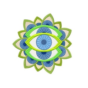 May include: A green, blue, and white eye mandala with a repeating pattern of eyes. The center eye is surrounded by two other eyes, and the whole design is surrounded by a ring of green leaves.