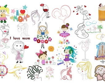 May include: A collection of colourful embroidery designs featuring various themes, including love, family, music, and nature. The designs are perfect for creating personalised gifts, home decor, or clothing.