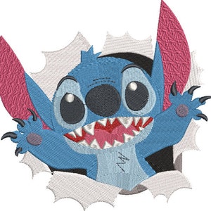 Stitch monster popping out of the scene / embroidery machine design