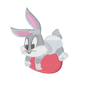 May include: A gray and pink cartoon rabbit with large eyes is sitting on a red heart-shaped object. The rabbit is wearing a white diaper.