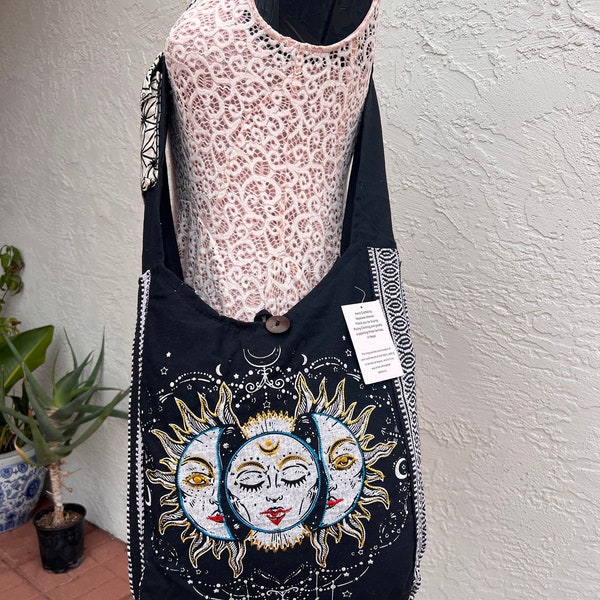 Three face sun moon embroidered crossbody bag,Hippie bag,Boho satchel