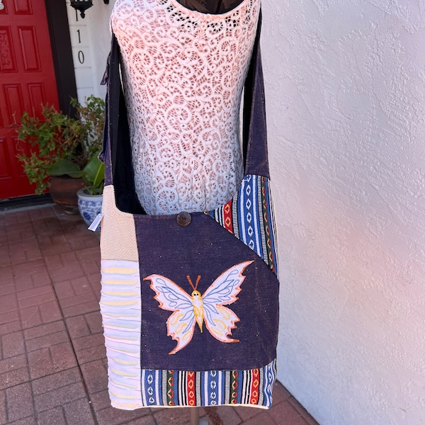 Butterfly hobo bag,Embroidered butterfly bag