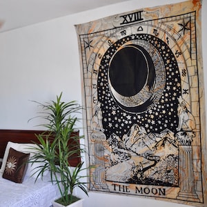 The Moon Tarot Card Tapestry Black White Wall Hanging Cotton Bedspread Picnic Blanket Cotton Star Mountain Boho Decor