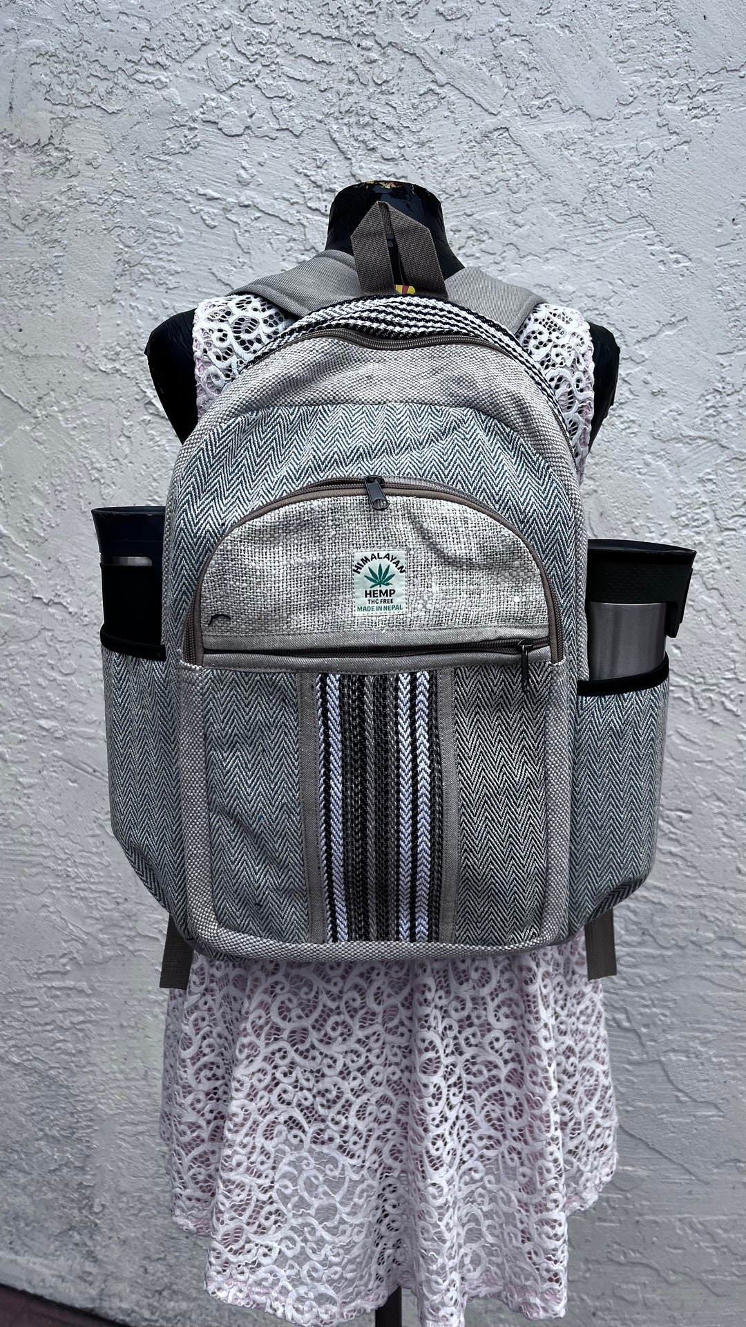 Boho Natural Hemp Backpack With Brown Stripes Hippie Backpack ,back to