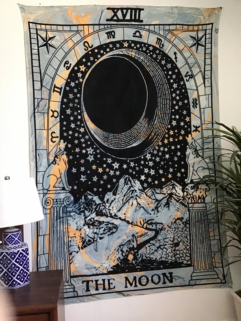 The Moon Tarot Card Tapestry Black White Wall Hanging