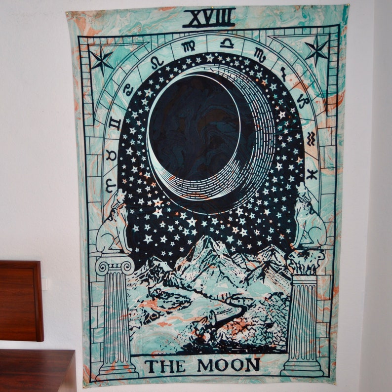 The Moon Tarot Card Tapestry Black White Wall Hanging