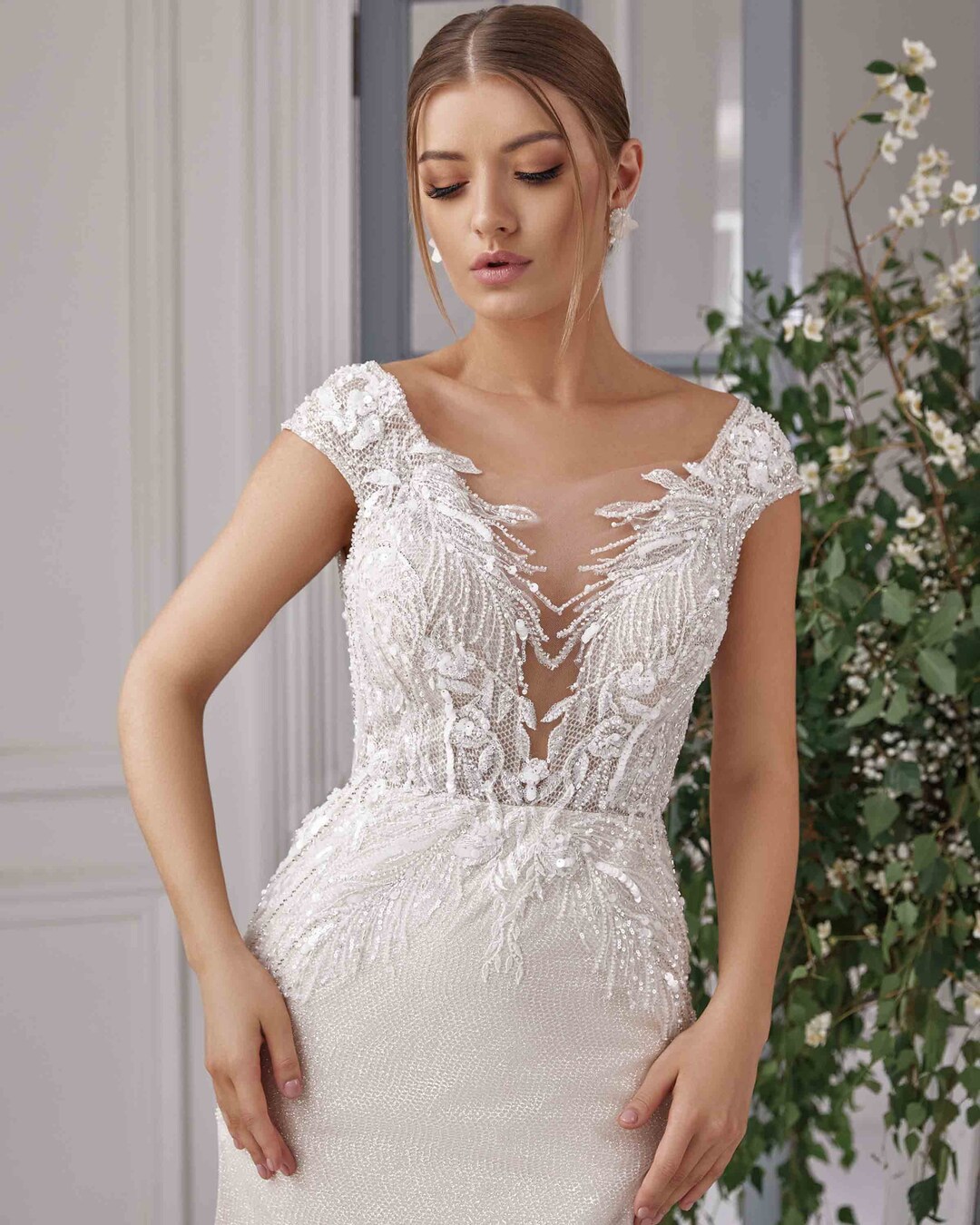V-neck Wedding Dress Lace, Elegant White Dress, Romantic Wedding Dress ...