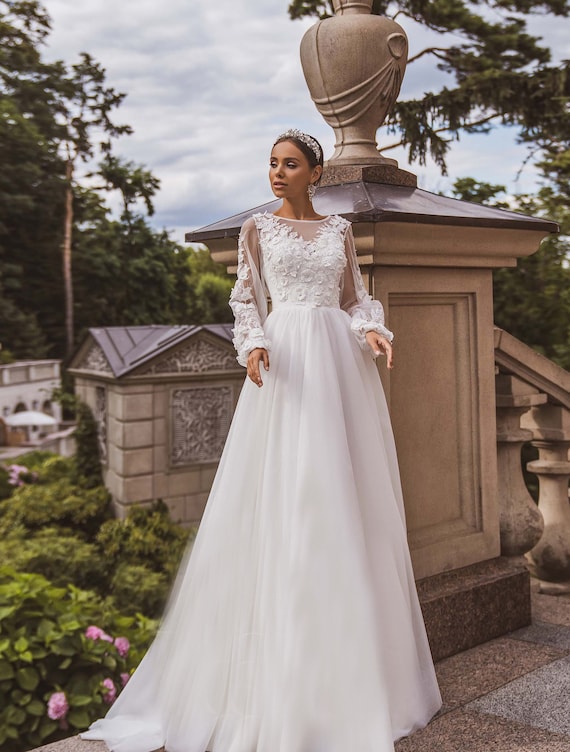 LTP1348,Simple white prom dress, modest slit evening dresses, lace wed –  Laylatailor Shop