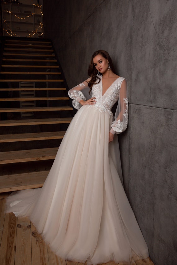 Long Rustic Sleeves Wedding Dress, Deep V-neck Dress White, Custom
