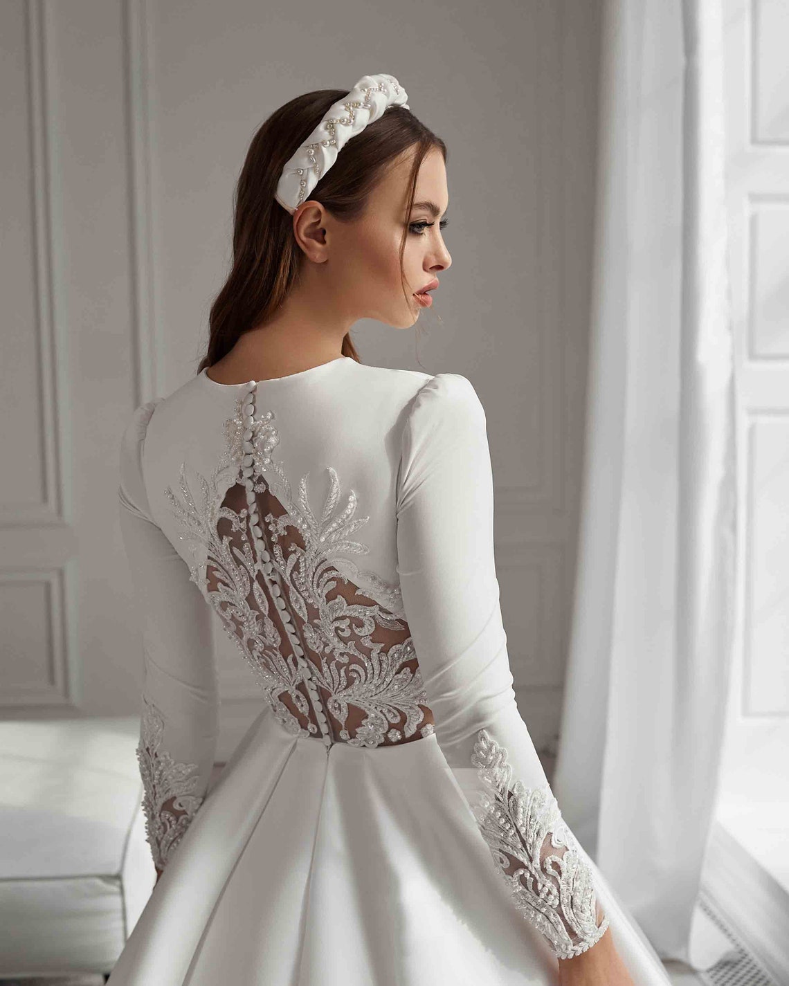 Cathedral White High Neck Wedding Dress With Long Satin - Etsy