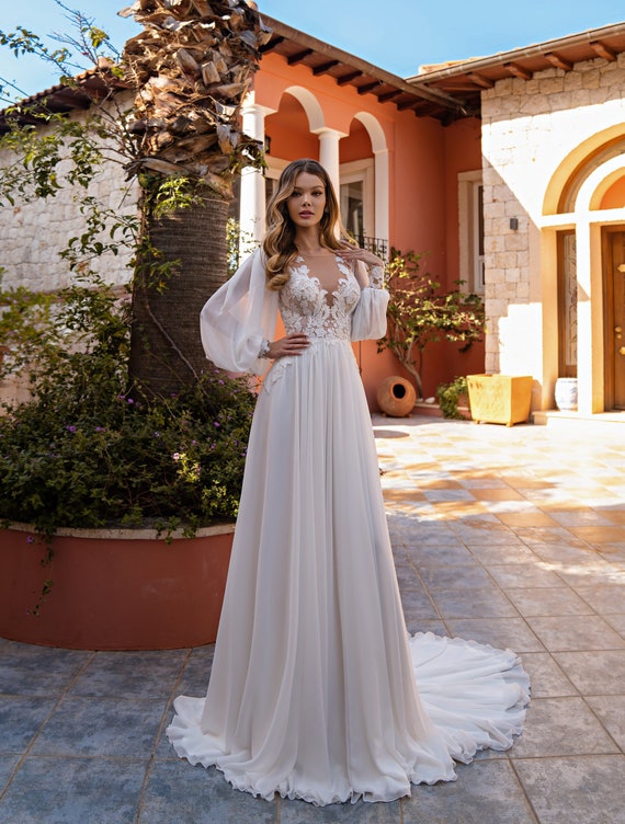 Florecer combinar restaurante Vestido de novia con cuello en V vestido de novia de manga - Etsy México