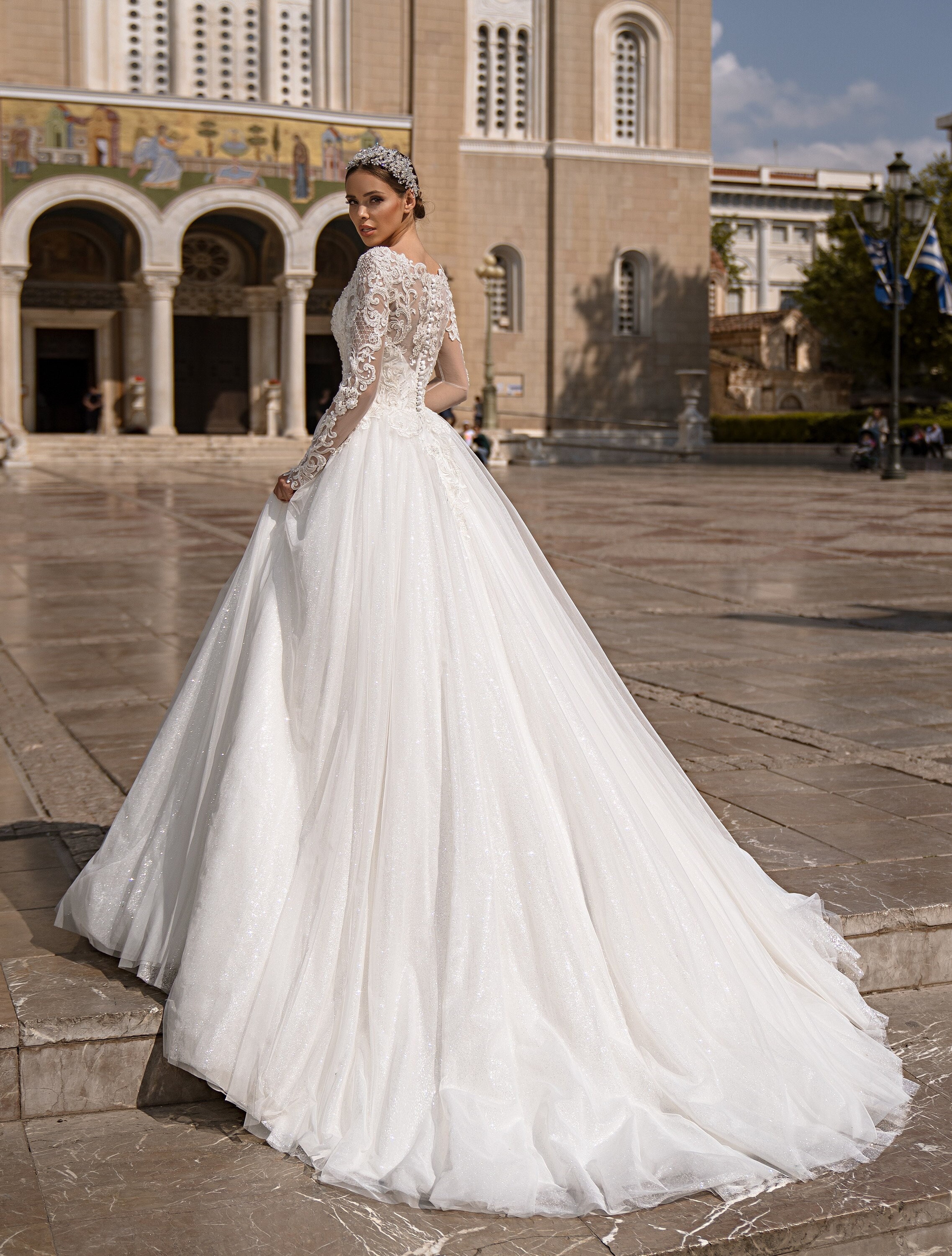Long Train Beaded Wedding Dress Sheath 