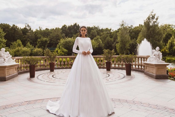Satin Long Sleeves Wedding Dress Elegant Dress Romantic - Etsy