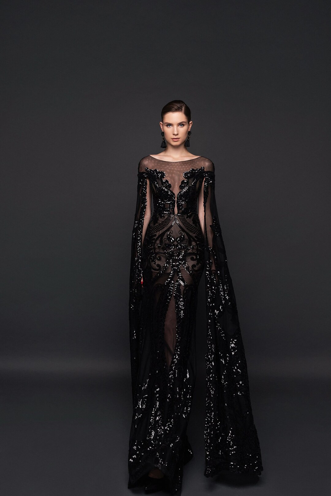 Black Elegant Mesh Embroidery Sequins Long Sleeve Formal Dress