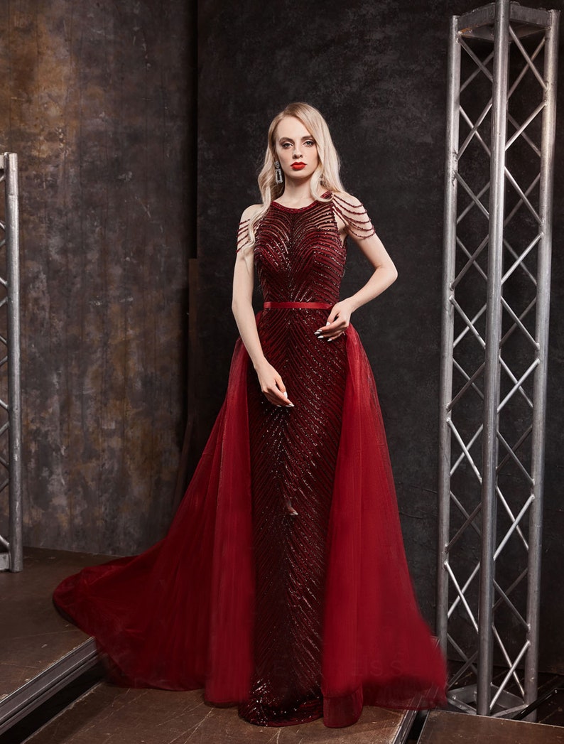 Red Embroidery Lace Dress Evening Dress Fabric Prom Elegant image 1