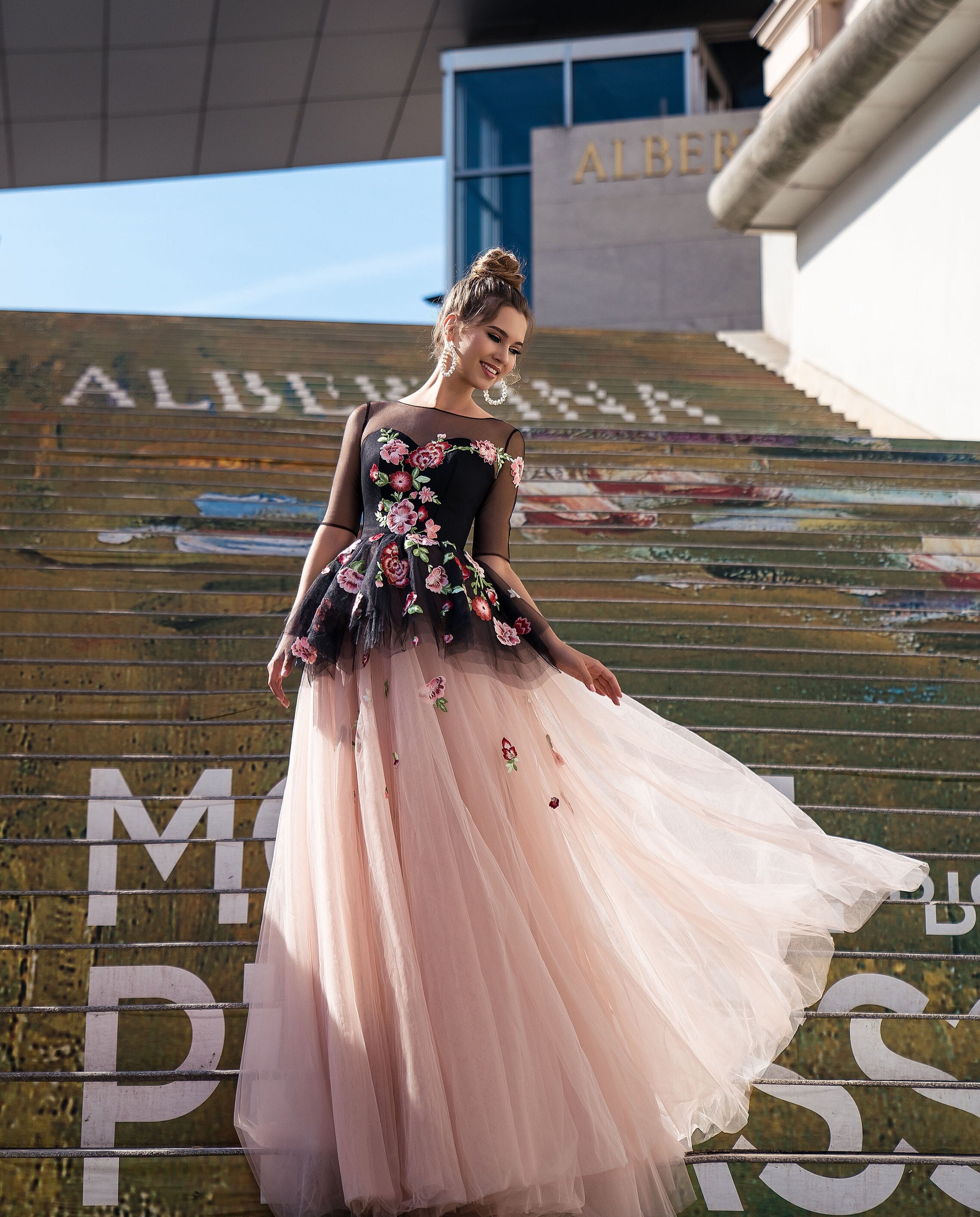 Black prom dress with pink clearance flowers