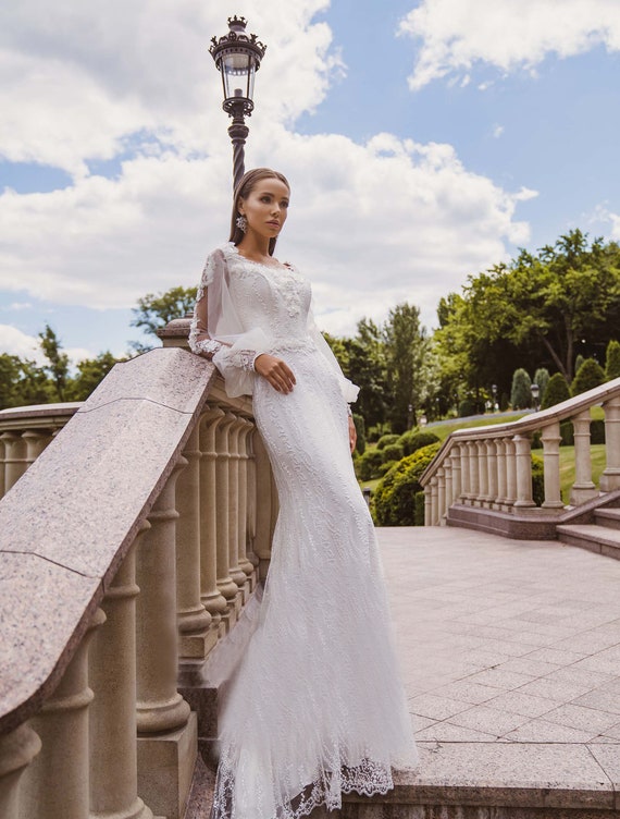 Long Sleeves Wedding Dress Romantic Wedding Dress Wedding Etsy