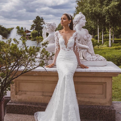 Mermaid Wedding Dress Embroidered Long 