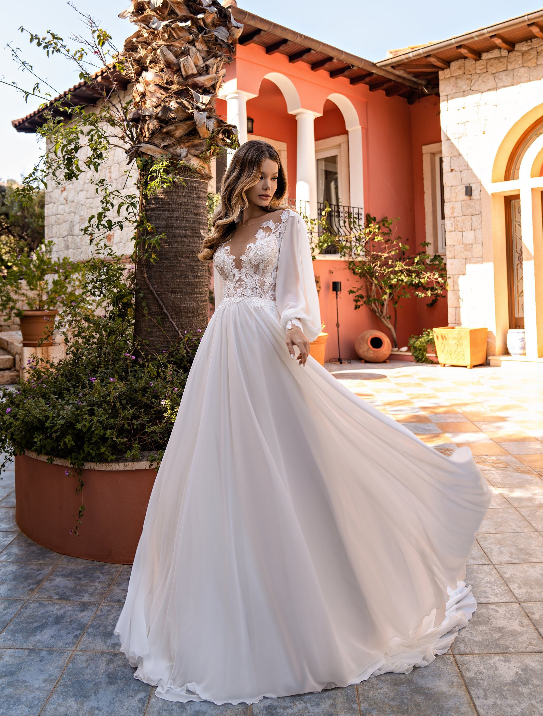 Vestido de novia de cuello V vestido de novia manga larga - Etsy España