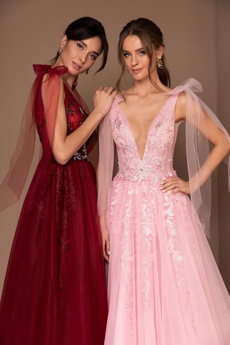 Deep Vneck Dress Sleeveless Evening Dress Pink Tulle Etsy UK