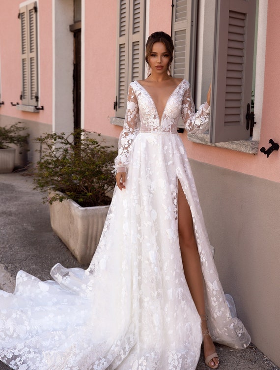 Champagne Wedding Dresses with Veil Long Sleeves Plus Size V Neck Bridal  Dresses