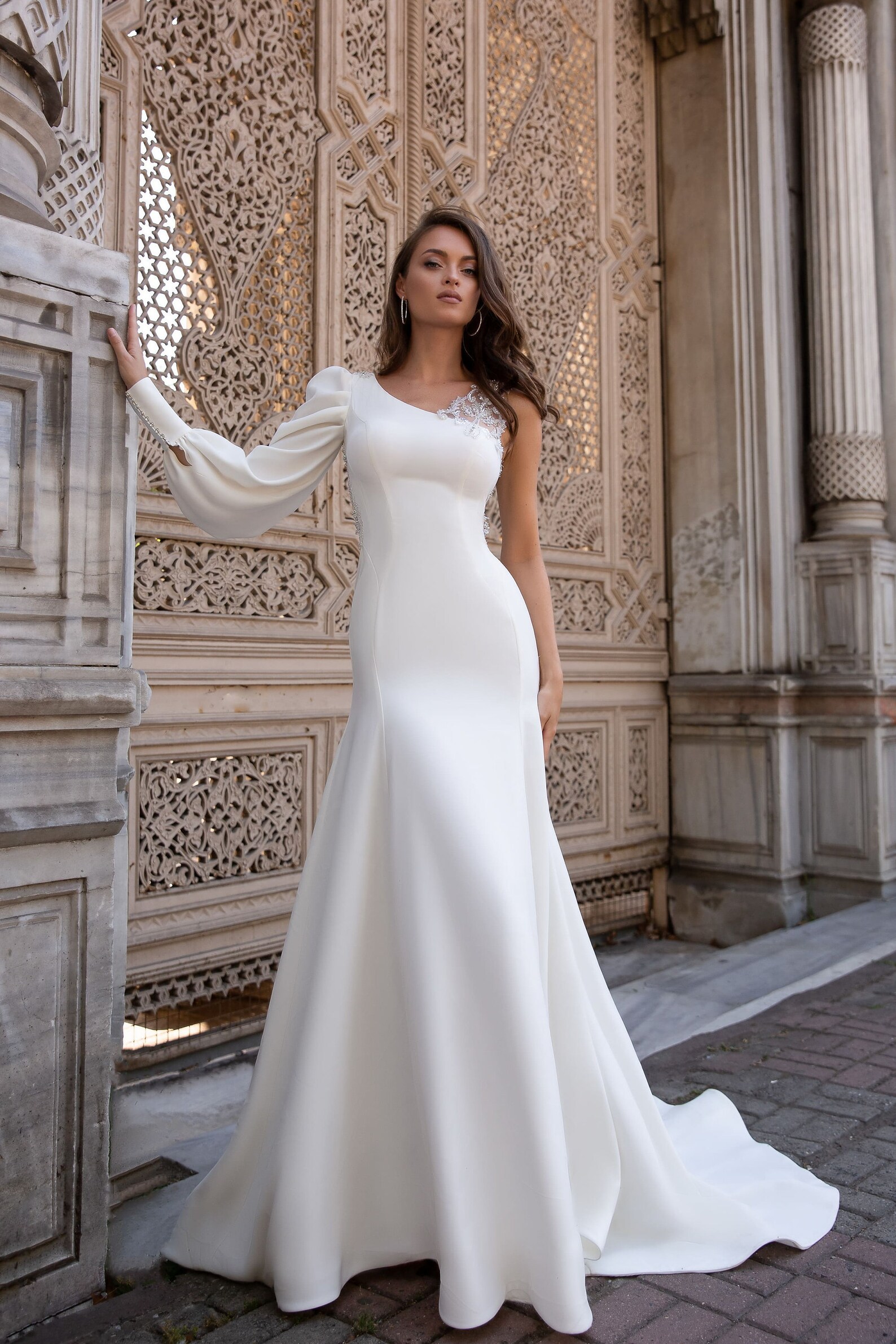 long sleeve one shoulder gown