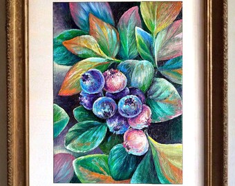 Blaubeere Original Ölgemälde Blaubeeren Arwork Beeren Küche WandKunst Dekor 4 x 6 von NadiyaArtGallery