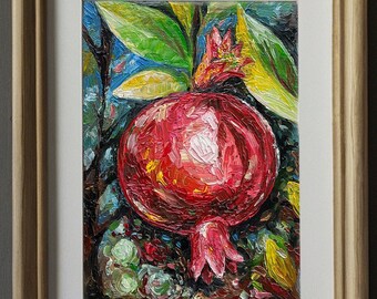 Pomegranate Oil Painting Impasto Artwork Original Hand Painted Art Fruit Kitchen Wall Art Decor 4 by 6 by NadiyaArtGallery