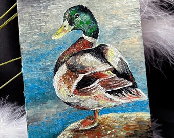 Wild Duck Mallard Painting Animalistic Original Art Fine Impasto Painting Bird Wall Art 4 by 6 inches A6 format by NadiyaArtGallery