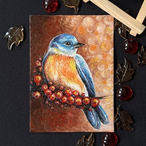 Pintura a óleo original pequeno pássaro azul laranja em um galho com frutas pintadas à mão arte de parede 4 por 6 polegadas belo presente presente