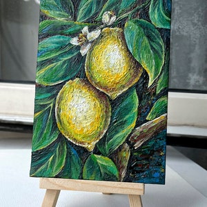 Pintura a óleo Arte Casal de Limões Original Pintada à Mão Pequena Arte Pintura Frutas Cozinha Arte de Parede Decoração 4 por 6 polegadas Presente Presente